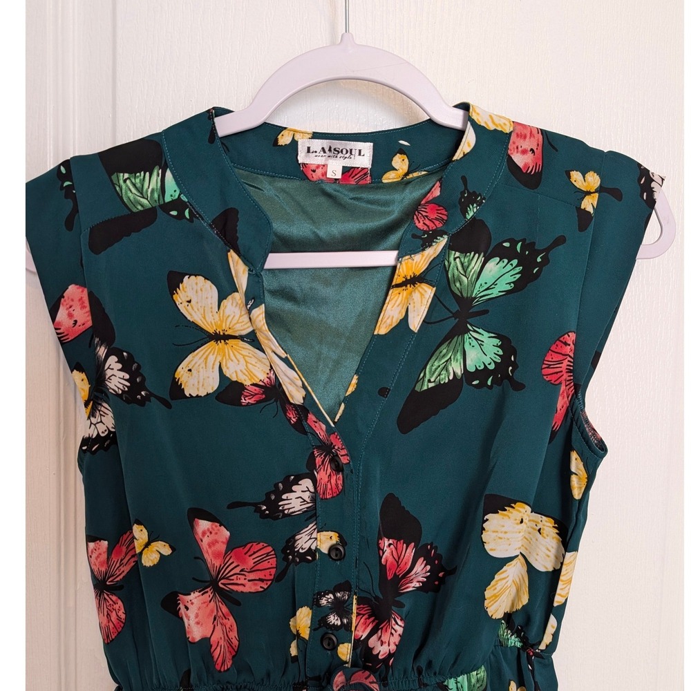 L.A. Soul Women Green Butterfly Print Sleeveless Mini Dress Small Split V-Neck